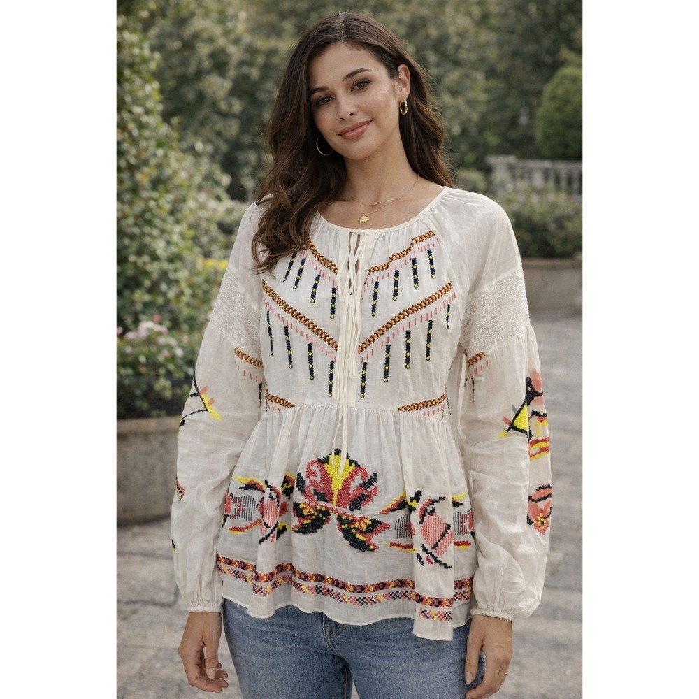 Tanya Taylor Embroidered SZ 4 Peasant Blouse White Boho Balloon Sleeve Top